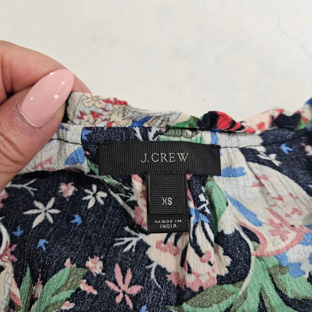J.Crew Womens XS Navy Blue‎ Floral Viscose Sleeveless Tie Neck Blouse Top